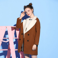 依尚街区中长款毛呢外套女韩版西装领双排扣驼色修身显瘦呢大衣