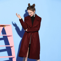 依尚街区枣红色呢子大衣女2018冬季新款时尚百搭纯色中长款外套