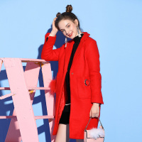 依尚街区毛呢外套女2018冬季新款时尚百搭纯色中长款呢子大衣潮