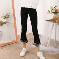 依尚街区喇叭裤女2018冬新款黑色高腰显瘦毛毛裤口高端休闲裤子