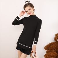 依尚街区韩版潮流线衣女2018冬新款时尚百搭金丝绒拼接中长上衣