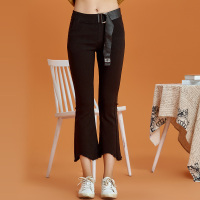 依尚街区高腰喇叭裤女2018新款时尚百搭黑色不规则毛边休闲裤子