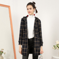 依尚街区学院风格子连帽风衣外套女2018冬新款时尚潮流中长大衣