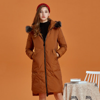 依尚街区真狐狸毛领羽绒服女2018新款时尚纯色中长连帽加厚外套