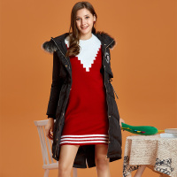 依尚街区羽绒服女中长款2018冬新款真狐狸毛领韩范白鸭绒外套潮