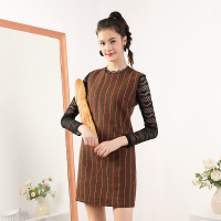 依尚街区蕾丝拼接铅笔裙女2018新款时尚气质条纹高腰显瘦连衣裙