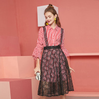 依尚街区条纹衬衫裙两件套女2019春新款时尚蕾丝背带裙韩范套装