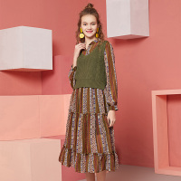 依尚街区复古港风两件套女2019春新款时尚印花碎花修身显瘦套装