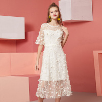 依尚街区名媛连衣裙女2019春新款时尚气质淑女纯色圆领半袖a字裙