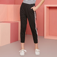 依尚街区韩版松紧腰休闲裤女2019春新款时尚百搭字母红条铅笔裤