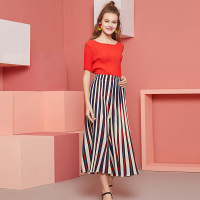依尚街区条纹阔腿裤两件套女2019春新款时尚韩版宽松显瘦套装潮