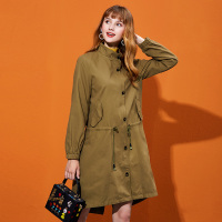 依尚街区军绿色外套女2019春新款时尚绣花收腰系带开叉中长风衣