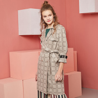 依尚街区英伦格子中长款风衣女2019春新款时尚百搭双排扣外套潮