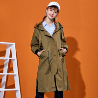 依尚街区风衣女中长款2019春新款bf原宿字母收腰系带连帽外套潮