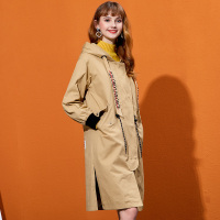 依尚街区风衣女中长款2019春新款bf原宿字母收腰系带连帽外套潮