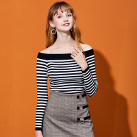 依尚街区一字肩上衣女2019春新款时尚百搭韩版小个子套头针织衫