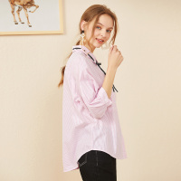 依尚街区半袖条纹衬衫女2019新款立领系带韩版宽松显瘦学生上衣