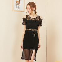 依尚街区黑色连衣裙女2019春新款时尚百搭纯色高腰露肩开叉裙子