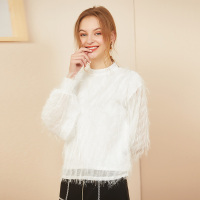 依尚街区名媛小香风白色上衣女2019春新款时尚百搭圆领长袖衬衫