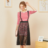 依尚街区小清新时尚套装女2019春新款甜美条纹裙子蕾丝裙两件套