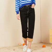 依尚街区2019春季薄绒休闲裤女高腰显瘦卷边韩版修身显瘦裤子潮