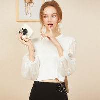 依尚街区小个显高上衣女2019春新款时尚百搭纯色圆领灯笼袖线衣