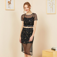 依尚街区两件套女2018新款时尚小清晰碎花不规则纱拼接套装潮