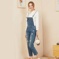 依尚街区背带裤女2019春新款时尚bf原宿学生宽松显瘦破洞牛仔裤