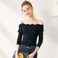 依尚街区一字肩上衣女2019春新款时尚百搭纯色半袖洋气针织衫潮