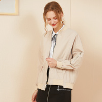 依尚街区杏色夹克衫女2019新款字母绣花棒球服时尚韩版潮流外套