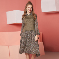 依尚街区雪纺碎花裙子两件套女2019春新款时尚复古港风洋气套装