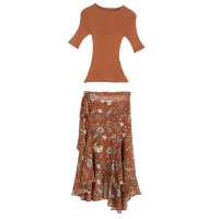 依尚街区不规则碎花裙子两件套女2019春季新款时尚韩范洋气套装