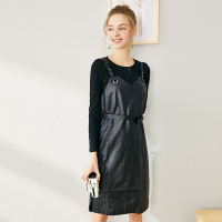 依尚街区时尚套装女2019春新款洋气百搭黑色PU吊带裙显瘦两件套