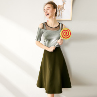 依尚街区露肩套装女2019春新款时尚圆领条纹上衣高腰a字裙两件套