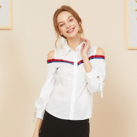 依尚街区白色露肩衬衫女2019春新款时尚百搭韩版高腰显瘦上衣潮