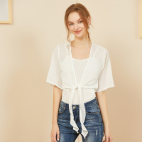 依尚街区配裙子的披肩外套女2019春新款高腰系带显瘦雪纺上衣潮