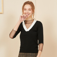依尚街区针织衫女2019新款v领短袖纱拼接性感淑女时尚百搭上衣