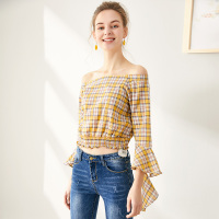 依尚街区红同款上衣女2019春新款时尚小清新一字肩喇叭袖衬衫