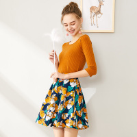 依尚街区小清新印花套装女2019春新款圆领半袖上衣a字裙两件套潮