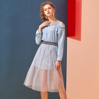 依尚街区斜肩牛仔裙套装女2019新款时尚韩版学生修身显瘦两件套