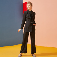 依尚街区黑色不规则帅气连体裤女2019春新款时尚款式显瘦连衣裤