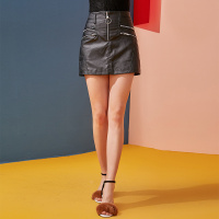依尚街区机车皮裙女2019春新款时尚百搭黑色高腰显瘦PU半身裙子