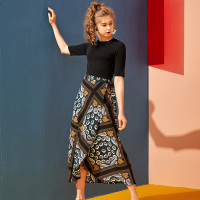 依尚街区港风复古印花不规则裙子两件套女2019新款时尚洋气套装