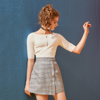 依尚街区不规则高腰短裙两件套女2019春新款时尚韩版小个子套装