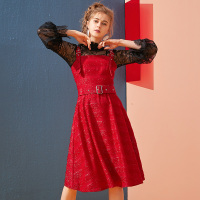 依尚街区背带裙套装女2019春季新款名媛小香风蕾丝上衣两件套潮