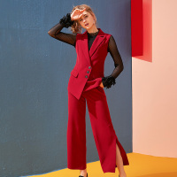 依尚街区马甲裤子两件套女2019春新款时尚红色不规则开叉套装潮