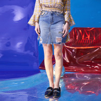 依尚街区破洞牛仔裙女2019春新款时尚bf原宿学生高腰显瘦半身裙