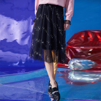 依尚街区小黑裙女2019新款纱亮片公主裙时尚高腰显瘦半身裙子