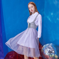 依尚街区小清新背带裙两件套女2019春新款学生韩版显瘦时尚套装