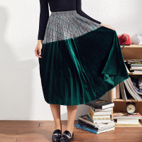 依尚街区英伦风格子拼接大摆a字裙女2019冬新款时尚百搭半身裙子